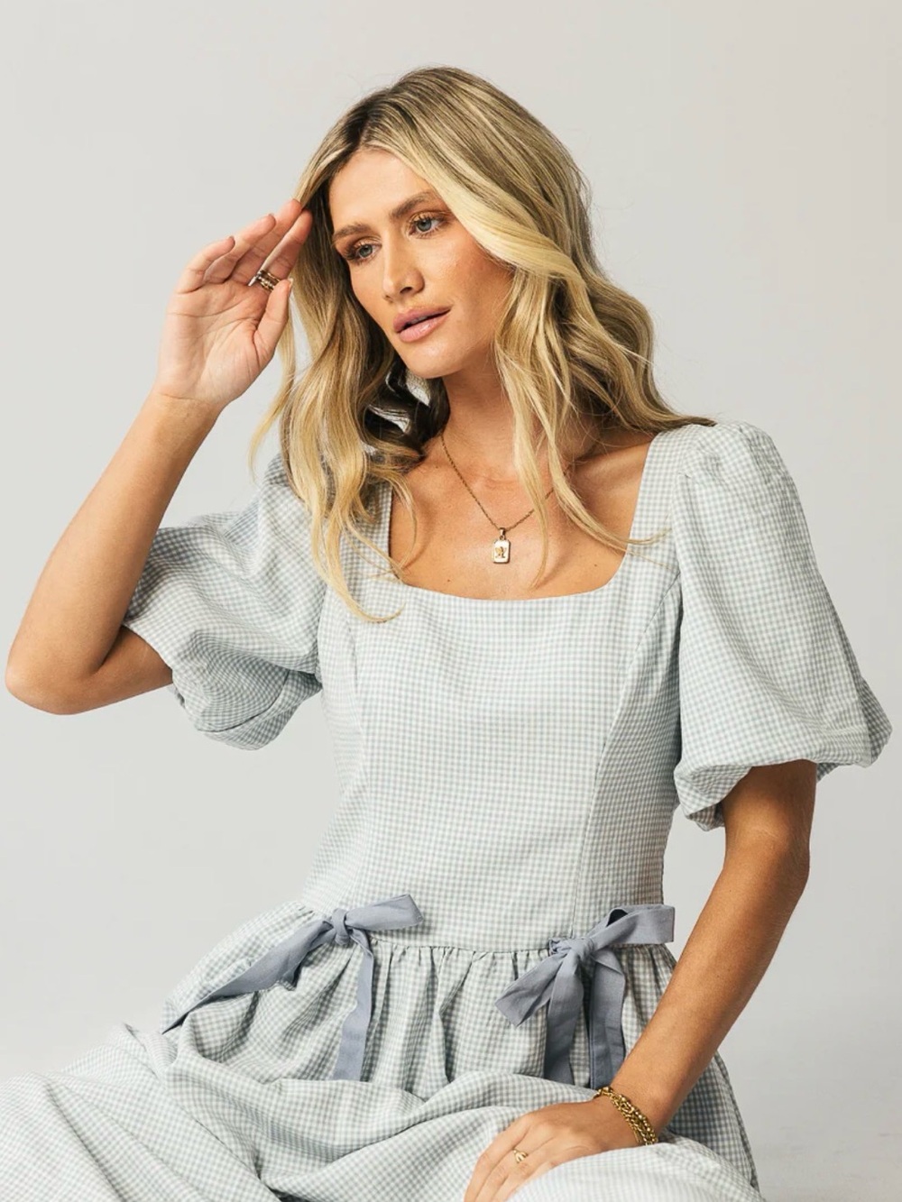 Boheme Light Blue Gingham Maxi Dress with Square Neck and Puff Sleeves - Picture 3 of 13